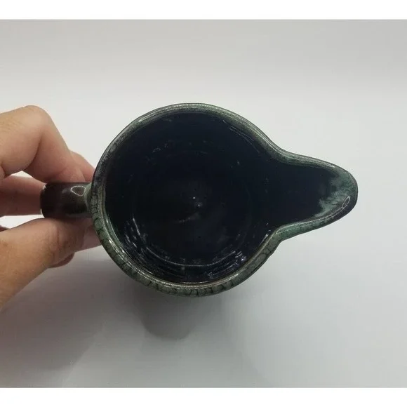 Vintage Japan Dark Brown Green Drip Glaze Trigger Handle Pottery Creamer Pitcher - Picture 5 of 9